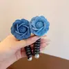 Diadema Elástica Azul Denim con Flor Rosa para Coleta Accesorios para el Cabello Herramienta de Peinado Hecho a Mano para Niñas Pequeñas