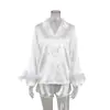 Pijama Estilo Europeo y Americano Primavera/Verano 2026, Seda Helada Manga Larga Diseño de Plumas Estilo Francés Ropa de Casa para Mujer Conjunto de Shorts de Satén