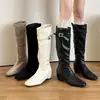 Botas de caballero con hebilla estilo coreano para mujer, nuevas botas largas de verano 2026 con punta cuadrada y tacón bajo, botas versátiles estilo Maillard