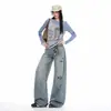 Jeans de mujer de pierna ancha y caída, estilo retro americano de otoño con patrón de bambú desgastado, pantalones de pierna curva, transfronterizos otoño 2026