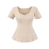 Camiseta de Manga Corta Ajustada a la Cintura con Bolsillo en Forma de Corazón Pure Desire Hot Girl para Mujer, Verano Ajuste Delgado, Ceñida a la Cintura, Color Sólido, Hombro Normal