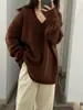 Suéter Europeo de Otoño e Invierno de Largo Medio con Cuello en V de Lana 100 Pura para Mujer, Suéter Holgado, Suave y Relajado, Camisa de Punto para Usar Debajo de la Ropa Exterior
