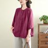 Comércio Exterior Exportação Japonesa Pedido Estrangeiro Único Camisa Artística Retro Simples de Algodão e Linho para Mulheres, Tamanho Grande, Emagrecedora, Versátil, Blusa de Manga Três Quartos