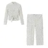Conjunto de Camisa de Manga Longa com Bolinhas Estilo Europeu e Americano e Calça de Cintura Alta Feminino, Conjunto Elegante de Duas Peças Emagrecedor, Conjunto de Bolinhas Estilo Europeu e Americano