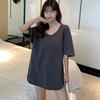Verão estilo coreano de manga curta T-shirt de algodão e linho em torno do pescoço solto cor sólida de comprimento médio camisa de fundo dividido T-shirt para mulheres plus size gordura M