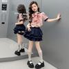 Conjunto de Verão para Meninas 2025 Nova Moda Menina Estilo Coreano Estilo Infantil Médio e Grande Terno com Gola Marinho com Gravata Borboleta Tendência