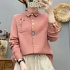 Camisa de Algodón Larga Elegante y Juvenil al por Mayor con Bolsillos Bordados de Gato, Camisa Casual de Primavera para Mujer con Decoración 3D