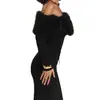 Vestido Elegante Feminino Outono e Inverno Nova Moda Estilo Europeu e Americano Transfronteiriço com Gola de Pelo Ombro a Ombro Manga Longa Slim Fit