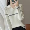 25 Años Principios de Otoño Nuevo Andy Terciopelo Solapa Tejido de Punto Manga Larga Mujer Bloques de Color Rayas Elegante Suéter Camisa Base Top