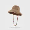 Chapéu de Palha com Contas de Madeira Estilo Hyun Ya Chapéu Grande de Verão para Mulheres Trama de Palha Chapéu de Pescador Dobrável Chapéu de Sol para Praia