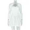 Vestido Europeo y Americano de Estilo Transfronterizo de Color Sólido Ajustado para Mujer Sexy sin Espalda con Pliegues Falda Línea A Cuello Simple Corto sin Mangas