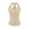 Estilo Europeu e Americano Sexy Decote V Abotoamento Simples Regata Halterneck Verão Novo Cintura Marcada Plissada Slim Cor Pura Top Sexy