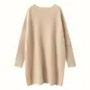 Suéter Feminino de Malha Batwing de Comprimento Médio Outono/Inverno 2026 Gola Redonda Novo Estilo Preguiçoso Suéter Solto Caxemira