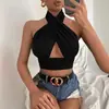 Novo Estilo Costas Nuas Alças Cruzadas Sexy Moda Feminina Europeia e Americana Verão Estilo Menina Apimentada Decote Halter Recorte Cruzado Top Curto