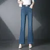 3198 Primavera Outono Jeans Feminino Estilo Feminino Levemente Flare Cintura Elástica Stretch Azul Calça Cauda de Peixe Cintura Alta Solta Calça Longa