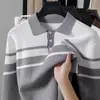 Fábrica de suéter de tricô listrado com gola Henry, marca da moda mais vendida em vendas transfronteiriças, malhas masculinas direto do fabricante