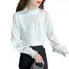 Elegante Camisa de Manga Larga Estilo Francés para Commuter Primavera Temprana 2025 con Camisa de Chifón Blanca con Volantes de Oreja de Madera para Mujer