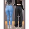 Jeans Cônico Grossos Forrados com Fleece de Cintura Alta para Mulheres, Inverno Plus Size Soltos Emagrecimento Versão Estreita Calças Cargo de Perna Larga