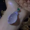 Collar de cadena para suéter con colgante de superficie de huevo grande bañado en plata, collar de calcedonia violeta y rosa, pendientes, anillo, juego de tres piezas