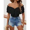 Vestido negro de mujer con volantes, hombros descubiertos y lazo para ceñir la cintura, manga corta, para vacaciones casuales de verano