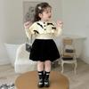 Conjunto Feminino Outono e Inverno 2025 Novo Estilo Crianças Suéter com Laço Bebê Saia Bolo Princesa Conjunto de Duas Peças