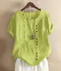 Camiseta Casual de Algodón y Lino para Mujer, Manga Corta, Cuello Redondo, Botones, Estilo Europeo y Americano, para Vacaciones y Calle, 2024