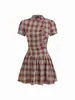 Vestido Feminino Retro Francês com Estampa Xadrez Contrastante, Gola Alta, Amarração na Cintura, Mangas Bufantes, Caimento Ajustado, Versátil, Vestido de Verão