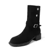 Botines vaqueros con hebilla de remache retro de 4,5 cm, nuevo modelo otoño/invierno 2026, punta redonda, tacón grueso, botines cortos adelgazantes y versátiles