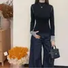 Camiseta de Manga Larga a Rayas Bloque de Color y Cuello Alto para Mujer, Otoño e Invierno, Tejido Cepillado, Corte Entallado, Camiseta Básica Favorecedora, Top de Moda
