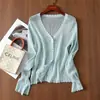 Ropa Zhengqite/ Ligero de Verano Tencel Lino Holgado Calado Borde Ondulado Manga Larga Protección Solar Tejido Superior