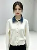 Suéter Cardigan Retrô Patchwork de Jeans Falso Duas Peças Estilo Europeu, Americano e Coreano para Mulheres, Outono e Inverno, Transfronteiriço, Corte Solto, Jaqueta de Tricô Macio