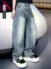 Jeans Rectos de Pierna Ancha Lavado Azul Vintage con Pedrería Estilo Americano Cleanfit Unisex Sueltos de Lujo Pantalones Largos