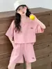 Traje de Manga Corta para Niñas, Color Sólido Estilo Verano, Ropa Deportiva Moderna y Fresca para Niñas, Conjunto Casual de Dos Piezas Holgado Estilo Coreano para Niños Mayores y Estudiantes