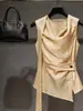 Tops Chiques e Bonitos Estilo Francês para Mulheres, Design de Verão com Visual Jovem e Estiloso, Camisa Sem Mangas Khaki de Alta Qualidade que Afina a Cintura