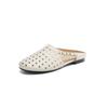 Sapatos Mule com Recortes em Couro Bovino de Primeira Camada Respiráveis com Corrente 2025 Flats Confortáveis Bico Redondo Biqueira em Couro Genuíno Chinelos Externos para Mulheres