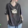 Comércio Eletrônico Transfronteiriço Marca de Liberação Etiqueta Cortada Balcão Comércio Exterior Camiseta Gola V Manga Curta Feminina Novo Estilo Chinês Casual Versátil Top