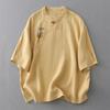 Algodão e Linho Retrô Feminino Novo Verão Manga Curta Gola Alta Abotoado Novo Estilo Chinês Blusa Solta Lapela Inclinada Camisa Zen para Chá