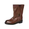 Botas Individuales de Piel de Vaca de Primera Capa para Pierna Ancha de Mujer, Botas de Media Caña, Nuevo Estilo Otoño e Invierno, Piel Genuina, Punta Redonda, Botas Martin de Moda con Tacón Medio Grueso para Mujer
