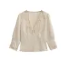 Camisa de Satén de Encaje de Alta Gama Estilo Francés con Cuello en V para Mujer Nueva de Verano con Aspecto Adelgazante de Cintura Camisa Corta