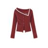 Suéter Ombro a Ombro Estilo Doce e Picante Feminino Outono e Inverno Vermelho Natal Plush Costura Lapela Cardigan de Tricô Camisa Base Top