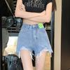 Shorts de Mezclilla Casual de Cintura Alta para Mujer, Nuevo Estilo Veraniego, Pierna Ancha Línea A, Adelgazantes, Deshilachados, Rasgados, Pantalones Cortos Calientes de Moda