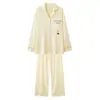 Algodão Puro Conjunto de Pijama Cardigan de Manga Longa Feminino, Roupa de Casa Cartoon, Estilo Simples, Gola Reversível, Outono Casual Novo Estilo
