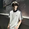 Camiseta Unisex de Manga Curta Verão Fio Duplo 230g Peso Pesado Estampada com Três Listras Manga Raglã Caimento Solto Camiseta de Manga Curta para Casal