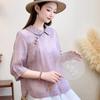 Camisa Feminina de Verão Nova Estilo Étnico Artístico Vintage com Gola de Lapela, Carcela Diagonal, Botões Estilo Chinês Novo Camiseta de Algodão para Chá
