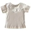 Camiseta Curta com Gola Redonda e Renda nas Mangas, Estilo Coreano, para Meninas, Malha, Respirável, Confortável, Estilosa, Fina, Top para Bebê, Roupa de Verão