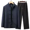 Traje Tang Masculino para Homens de Meia-Idade e Idosos Jaqueta de Pai com Bordado de Dragão Estilo Chinês Botão Conjunto de Duas Peças Outono e Inverno