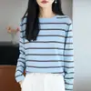 Suéter de Tricô Gola Redonda Algodão Puro Manga Longa Feminino Bloco de Cores Listrado Caimento Solto Camisa Base Top Outono/Inverno 2026