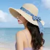 Chapéu de Palha Redondo com Laço e Estampa Floral Estilo Francês para Mulheres, Versátil para Praia na Primavera e Verão, Proteção Solar
