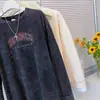 Camiseta de Manga Larga con Estampado de Letras Estilo Coreano High Street Bf para Mujer, Lavada, Desgastada, Holgada, Estilo Perezoso, Primavera y Otoño 2025