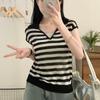 Tamanho Plus Size Verão 2024 Novo Estilo Slim Decote V Estilo Coreano Colete Tricô Listras Finas Camiseta de Seda Gelada para Mulheres